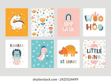 Lindas tarjetas de Dino con letras y mundo jurásico para su diseño - Mantente salvaje, pequeño dino, ser valiente y otros. Estampados infantiles dibujados a mano. Tema del vivero, ilustración vectorial.