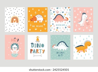 Lindas tarjetas de Dino con letras y mundo jurásico para su diseño - Sueña en grande, fiesta de Dino, ser valiente y otros. Estampados infantiles dibujados a mano. Tema del vivero, ilustración vectorial.