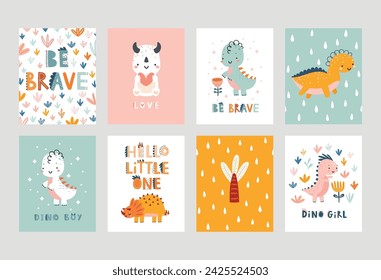 Lindas tarjetas de Dino con letras y mundo jurásico para su diseño - Hola pequeño, Dino niño, Dino niña, Ser valiente y otros. Estampados infantiles dibujados a mano. Tema del vivero, ilustración vectorial.