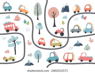 Cute Dino Cars collection, Cartoon dinosaur style transport set, vector Illustration.