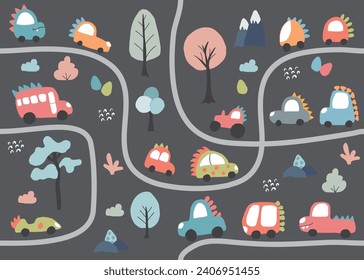 Cute Dino Cars collection, Cartoon dinosaur style transport set, vector Illustration.