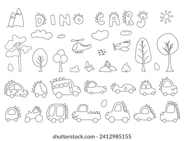 Cute Dino Cars collection, Cartoon dinosaur style transport set, vector Illustration.
