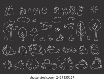 Cute Dino Cars collection, Cartoon dinosaur style transport set, vector Illustration.