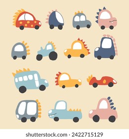 Cute Dino Cars collection, Cartoon dinosaur style transport set, vector Illustration.