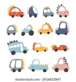 Cute Dino Cars collection, Cartoon dinosaur style transport set, vector Illustration.