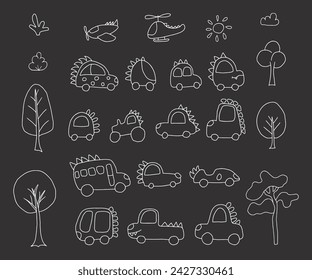 Cute Dino Cars collection, Cartoon dinosaur style transport set, vector Illustration.