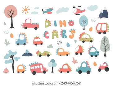 Cute Dino Cars collection, Cartoon dinosaur style transport set, vector Illustration.