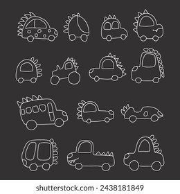 Cute Dino Cars collection, Cartoon dinosaur style transport set, vector Illustration.