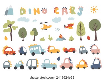 Cute Dino Cars collection, Cartoon dinosaur style transport set, vector Illustration.