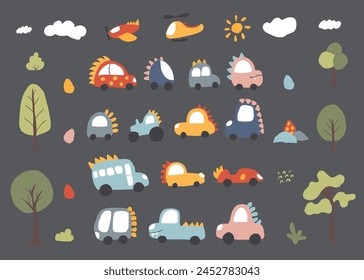 Cute Dino Cars collection, Cartoon dinosaur style transport set, vector Illustration.