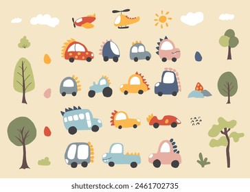 Cute Dino Cars collection, Cartoon dinosaur style transport set, vector Illustration.