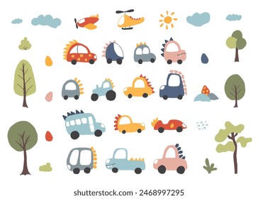 Cute Dino Cars collection, Cartoon dinosaur style transport set, vector Illustration.