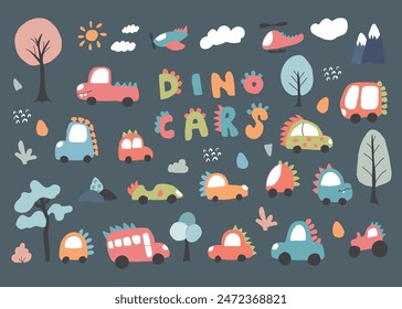 Cute Dino Cars collection, Cartoon dinosaur style transport set, vector Illustration.