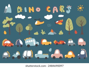 Cute Dino Cars collection, Cartoon dinosaur style transport set, vector Illustration.