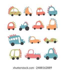 Cute Dino Cars collection, Cartoon dinosaur style transport set, vector Illustration.