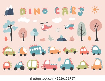 Cute Dino Cars collection, Cartoon dinosaur style transport set, vector Illustration.