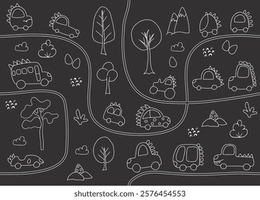 Cute Dino Cars collection, Cartoon dinosaur style transport set, vector Illustration.