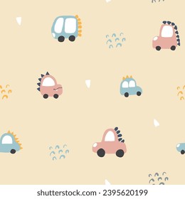 Cute Dino Cars Seamless Pattern, Childish Cartoon background, vector Illustration.