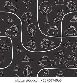 Cute Dino Cars Seamless Pattern, Childish Cartoon background, vector Illustration.