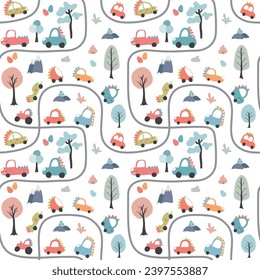 Cute Dino Cars Seamless Pattern, Childish Cartoon background, vector Illustration.