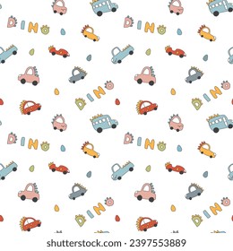 Cute Dino Cars Seamless Pattern, Childish Cartoon background, vector Illustration.