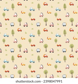 Cute Dino Cars Seamless Pattern, Childish Cartoon background, vector Illustration.