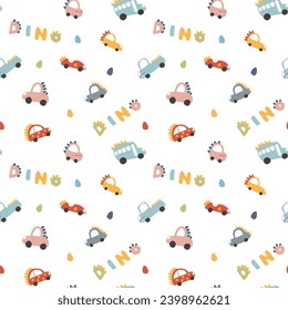 Cute Dino Cars Seamless Pattern, Childish Cartoon background, vector Illustration.