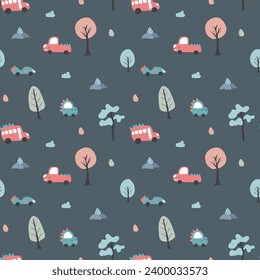 Cute Dino Cars Seamless Pattern, Childish Cartoon background, vector Illustration.