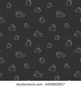 Cute Dino Cars Seamless Pattern, Childish Cartoon background, vector Illustration.