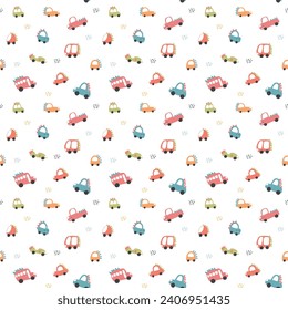 Cute Dino Cars Seamless Pattern, Childish Cartoon background, vector Illustration.