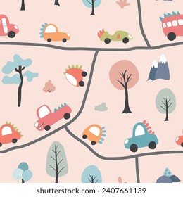 Cute Dino Cars Seamless Pattern, Childish Cartoon background, vector Illustration.