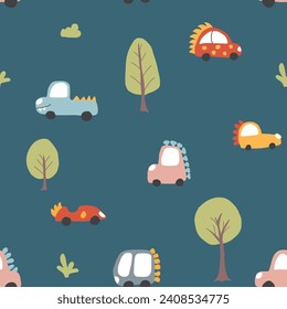 Cute Dino Cars Seamless Pattern, Childish Cartoon background, vector Illustration.