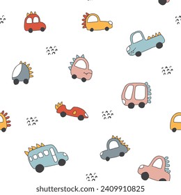 Cute Dino Cars Seamless Pattern, Childish Cartoon background, vector Illustration.