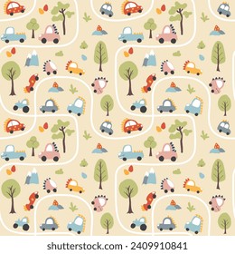 Cute Dino Cars Seamless Pattern, Childish Cartoon background, vector Illustration.