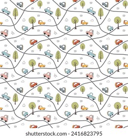 Cute Dino Cars Seamless Pattern, Childish Cartoon background, vector Illustration.
