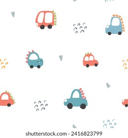 Cute Dino Cars Seamless Pattern, Childish Cartoon background, vector Illustration.