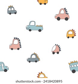 Cute Dino Cars Seamless Pattern, Childish Cartoon background, vector Illustration.