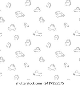 Cute Dino Cars Seamless Pattern, Childish Cartoon background, vector Illustration.