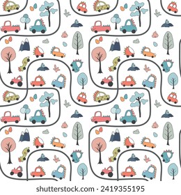 Cute Dino Cars Seamless Pattern, Childish Cartoon background, vector Illustration.