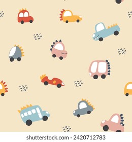 Cute Dino Cars Seamless Pattern, Childish Cartoon background, vector Illustration.