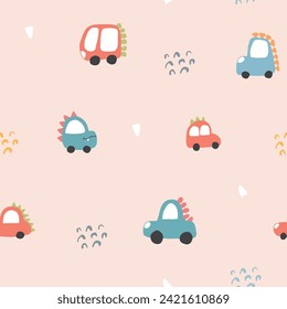 Cute Dino Cars Seamless Pattern, Childish Cartoon background, vector Illustration.
