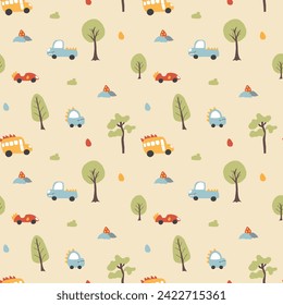 Cute Dino Cars Seamless Pattern, Childish Cartoon background, vector Illustration.
