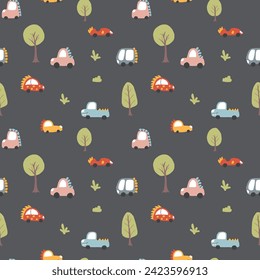 Cute Dino Cars Seamless Pattern, Childish Cartoon background, vector Illustration.