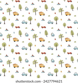 Cute Dino Cars Seamless Pattern, Childish Cartoon background, vector Illustration.