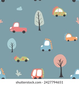 Cute Dino Cars Seamless Pattern, Childish Cartoon background, vector Illustration.