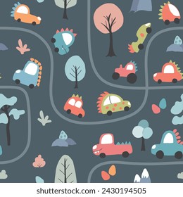 Cute Dino Cars Seamless Pattern, Childish Cartoon background, vector Illustration.