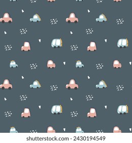 Cute Dino Cars Seamless Pattern, Childish Cartoon background, vector Illustration.