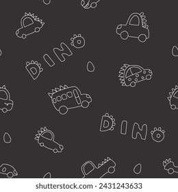 Cute Dino Cars Seamless Pattern, Childish Cartoon background, vector Illustration.