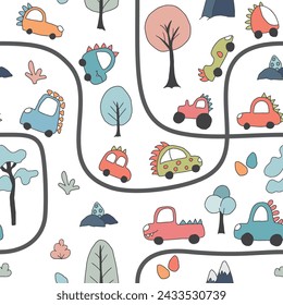 Cute Dino Cars Seamless Pattern, Childish Cartoon background, vector Illustration.