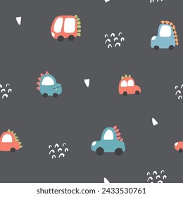 Cute Dino Cars Seamless Pattern, Childish Cartoon background, vector Illustration.